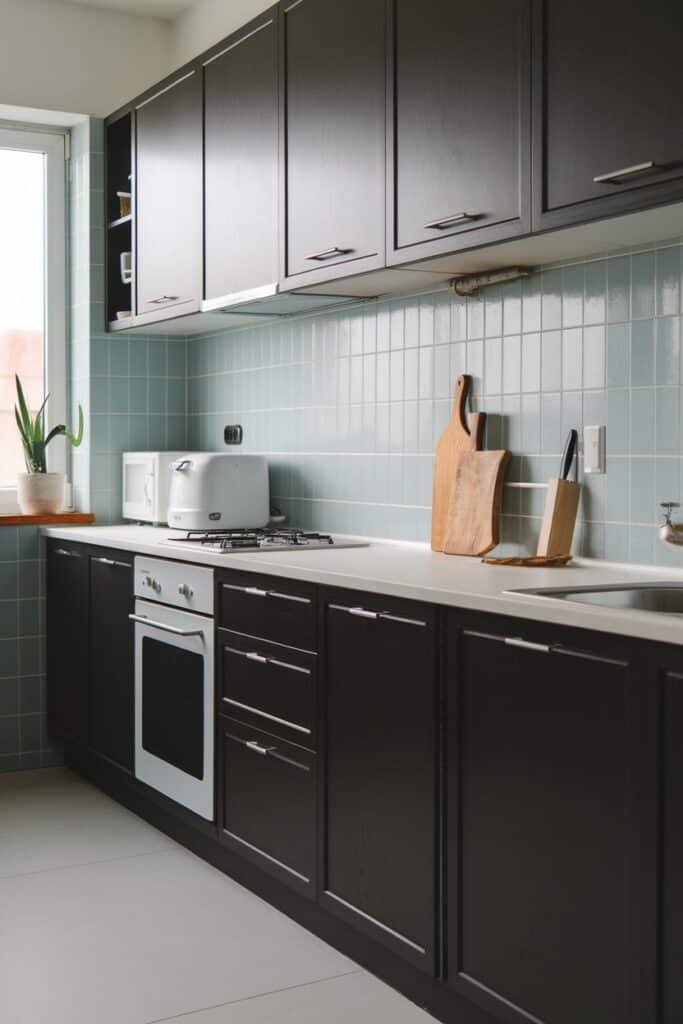 Modern kitchen interior featuring sleek black cabinets, a light-colored countertop, and a pastel green tiled backsplash. The space includes essential appliances like a gas stove, a microwave, and a kettle, along with wooden cutting boards and a plant by the window for a touch of greenery.