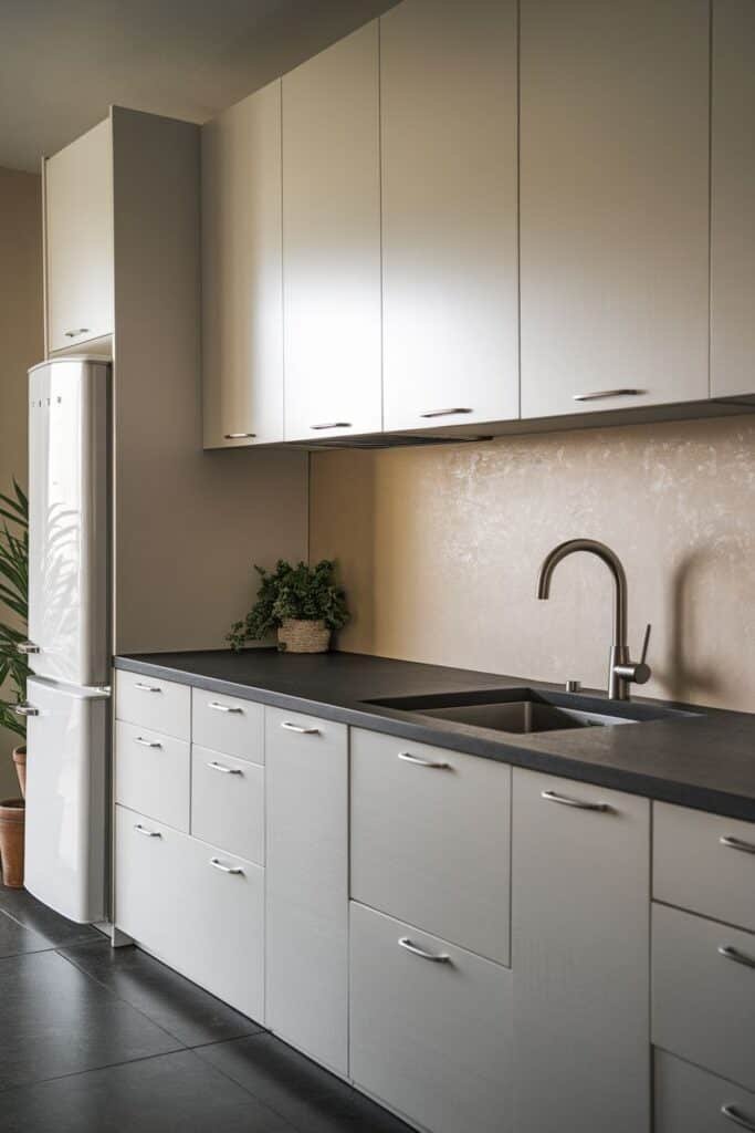 Modern kitchen with sleek white cabinets, a black countertop, stainless steel sink, and a refrigerator, featuring a small potted plant for a touch of greenery.