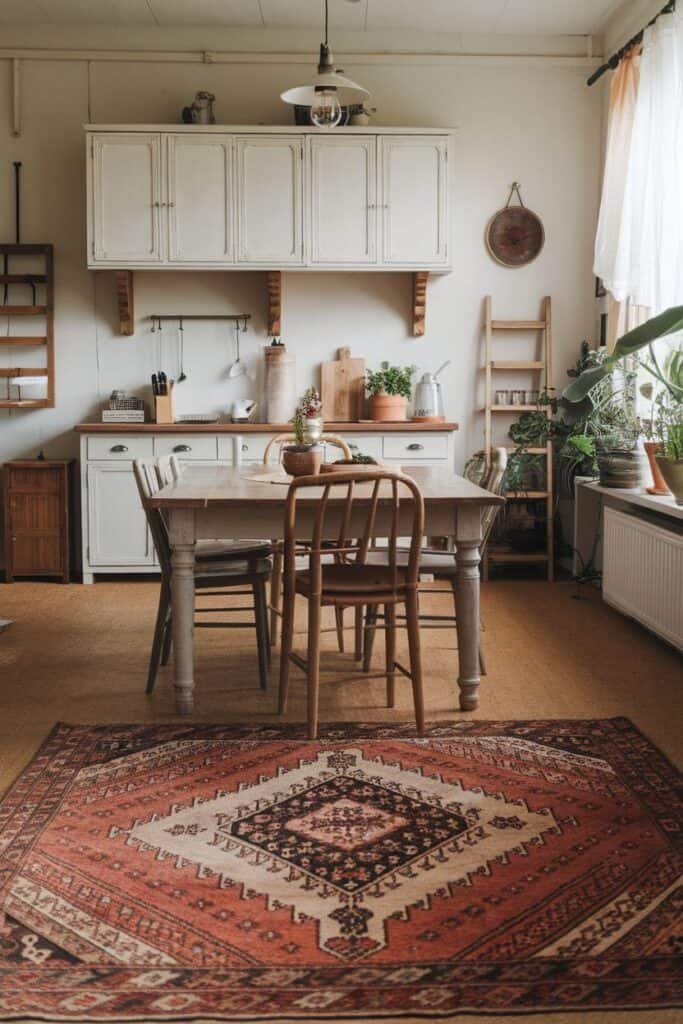 Cozy dining area featuring a wooden table surrounded by chairs, a vintage rug with intricate patterns, and a well-organized kitchen space with white cabinets, potted plants, and rustic decor elements. Natural light streams through the window, enhancing the warm atmosphere.
