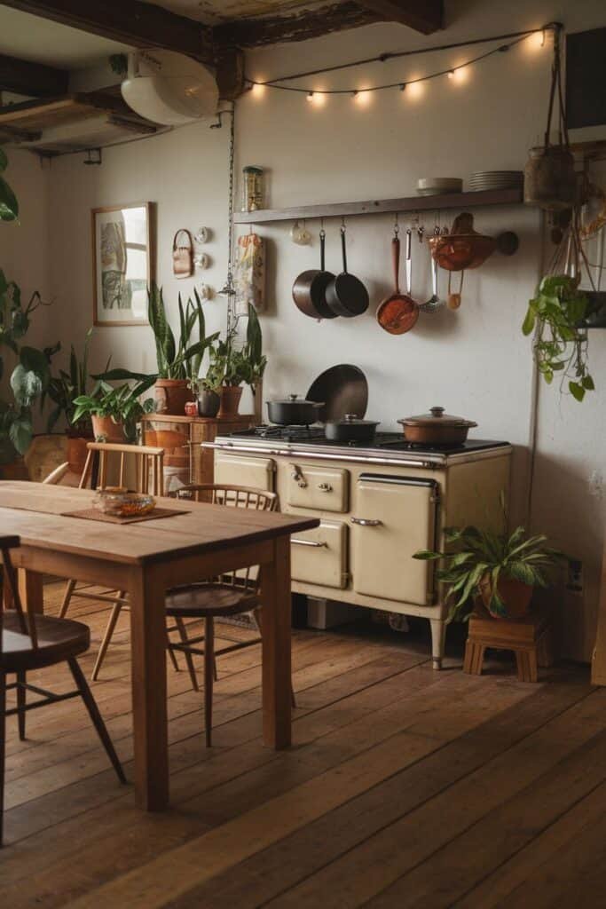 Cozy kitchen interior featuring a vintage cream-colored stove, wooden dining table, and various hanging pots. Lush green plants in terracotta pots add a natural touch, while warm string lights illuminate the space. The rustic wooden floor complements the homely atmosphere, creating an inviting cooking environment.
