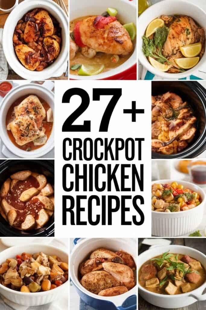 A collage of delicious crockpot chicken recipes featuring various dishes, including seasoned chicken breasts, chicken stews, and flavorful sides. The image highlights over 27 easy-to-make crockpot chicken recipes, perfect for busy weeknight dinners.