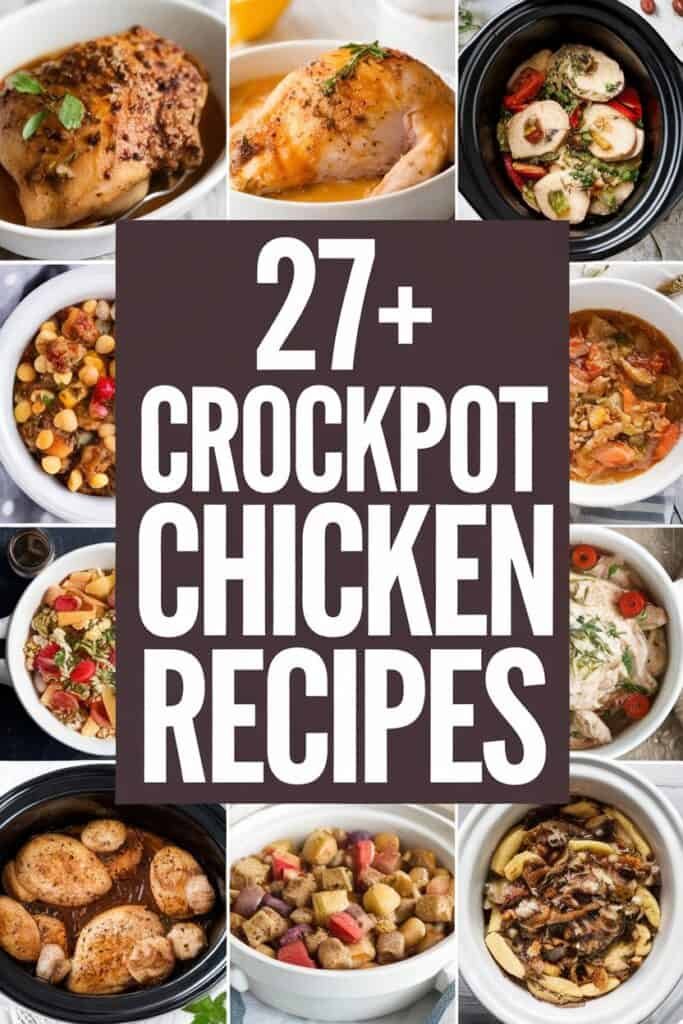 Collage of delicious crockpot chicken recipes featuring a variety of dishes, including seasoned chicken, hearty stews, and flavorful casseroles, with the title "27+ Crockpot Chicken Recipes" prominently displayed in the center.