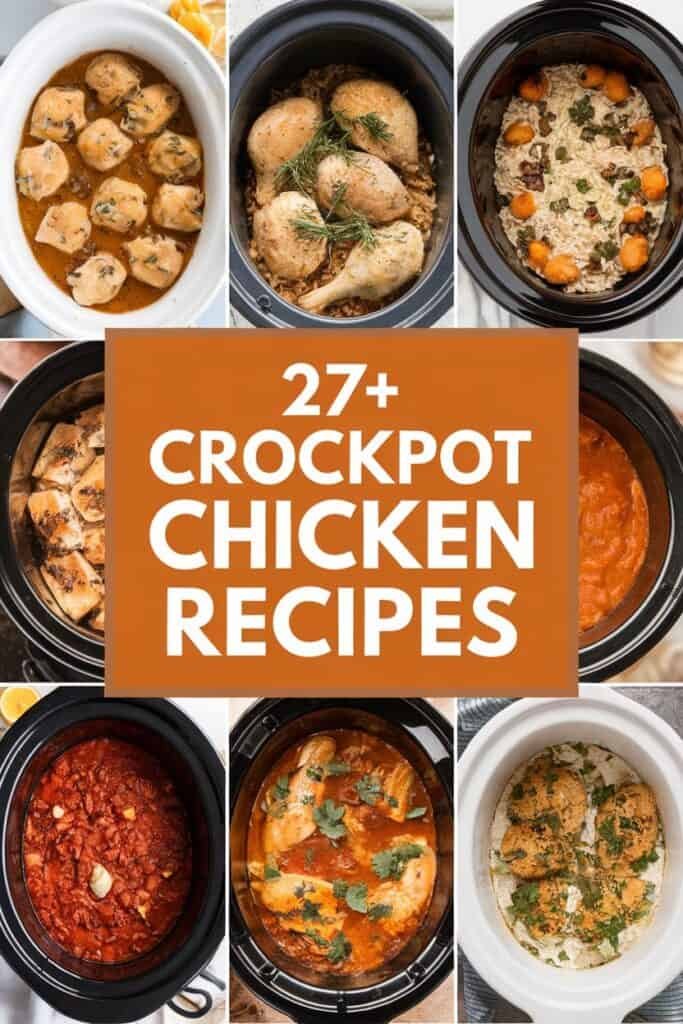 A collage of various crockpot chicken recipes showcasing different dishes, including chicken in sauces and flavorful seasonings, with a prominent title stating "27+ Crockpot Chicken Recipes" in the center.