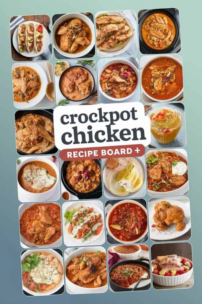 Collage of various delicious crockpot chicken dishes, including tacos, soups, and stews, showcasing diverse recipes and serving styles. Perfect for meal prep and easy cooking ideas.