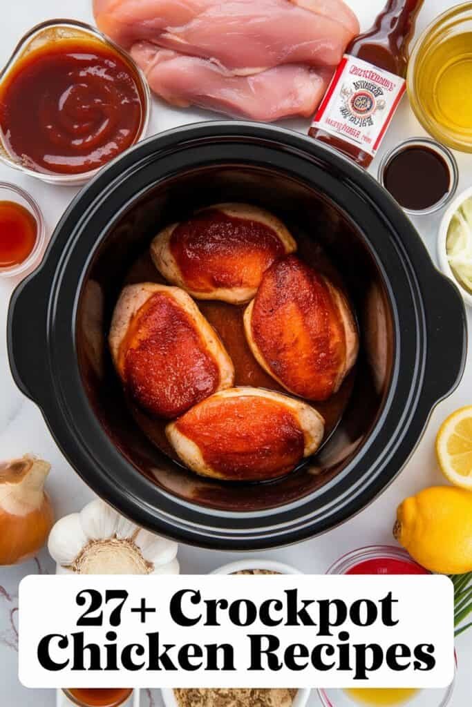 Crockpot chicken breasts cooking in a slow cooker surrounded by ingredients like barbecue sauce, seasonings, garlic, onions, and lemon, highlighting 27+ easy recipes for delicious crockpot meals.