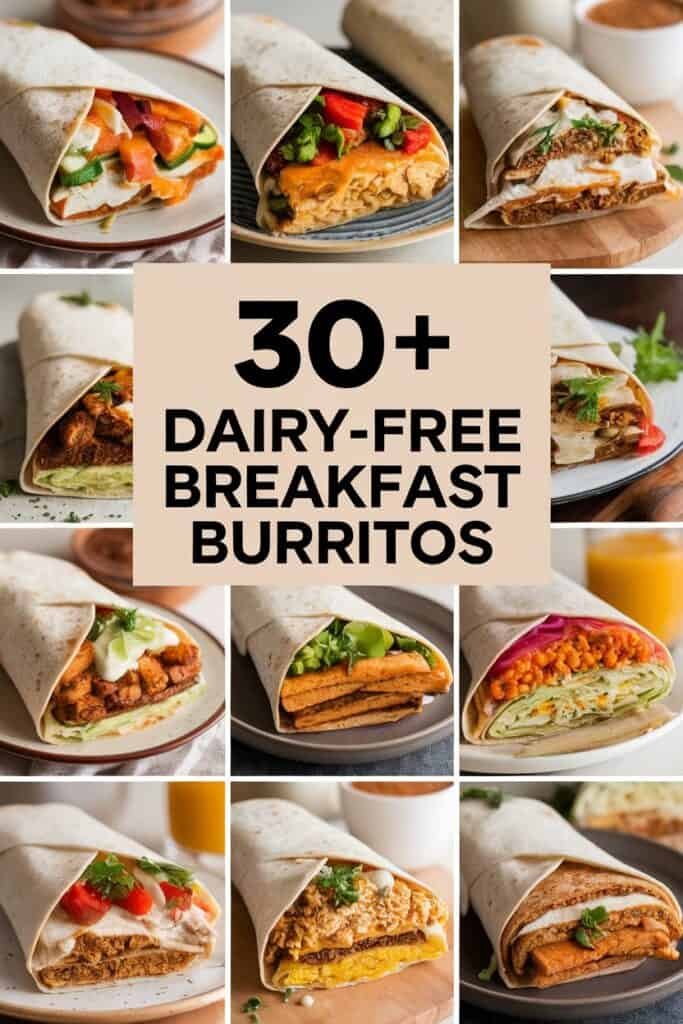 A collection of 30+ delicious dairy-free breakfast burritos featuring various fillings such as vegetables, tofu, and spices, displayed in a visually appealing layout. Perfect for those seeking healthy, plant-based breakfast options.