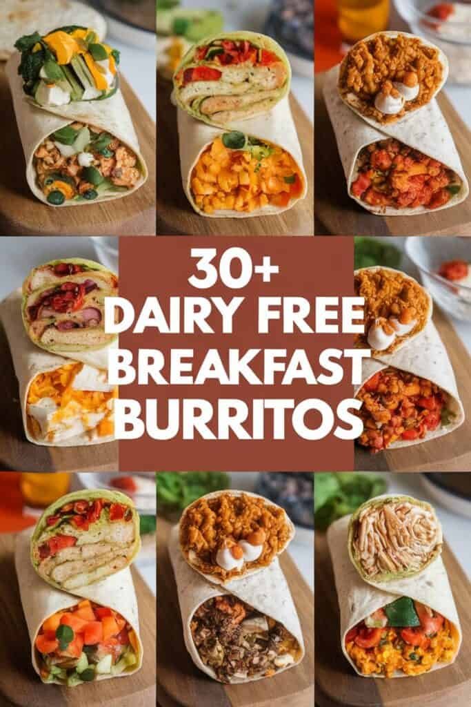 A collection of over 30 dairy-free breakfast burritos showcasing various fillings, including vegetables, tofu, and plant-based proteins, presented on a wooden board with vibrant ingredients and textures, perfect for healthy meal ideas.