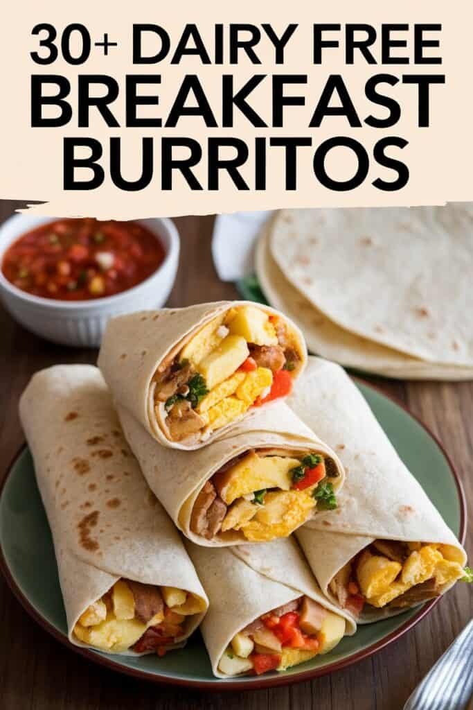 A plate of dairy-free breakfast burritos filled with scrambled eggs, potatoes, and vegetables, served alongside a bowl of salsa. Perfect for a healthy morning meal option.