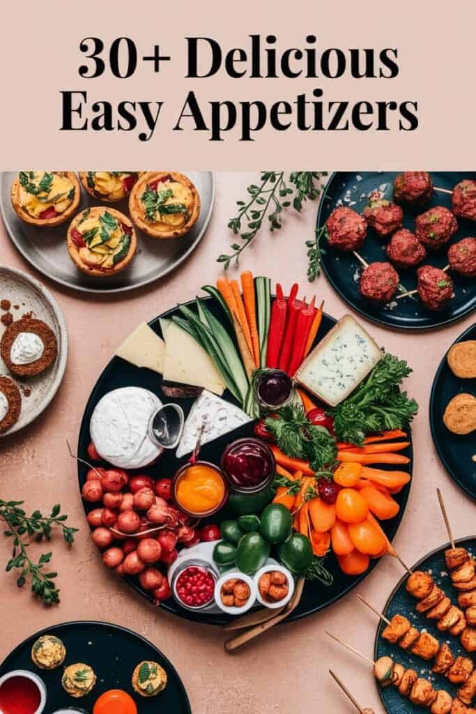 A beautifully arranged platter featuring over 30 easy appetizers, including colorful vegetables, assorted cheeses, dips, and savory snacks, perfect for gatherings and entertaining.