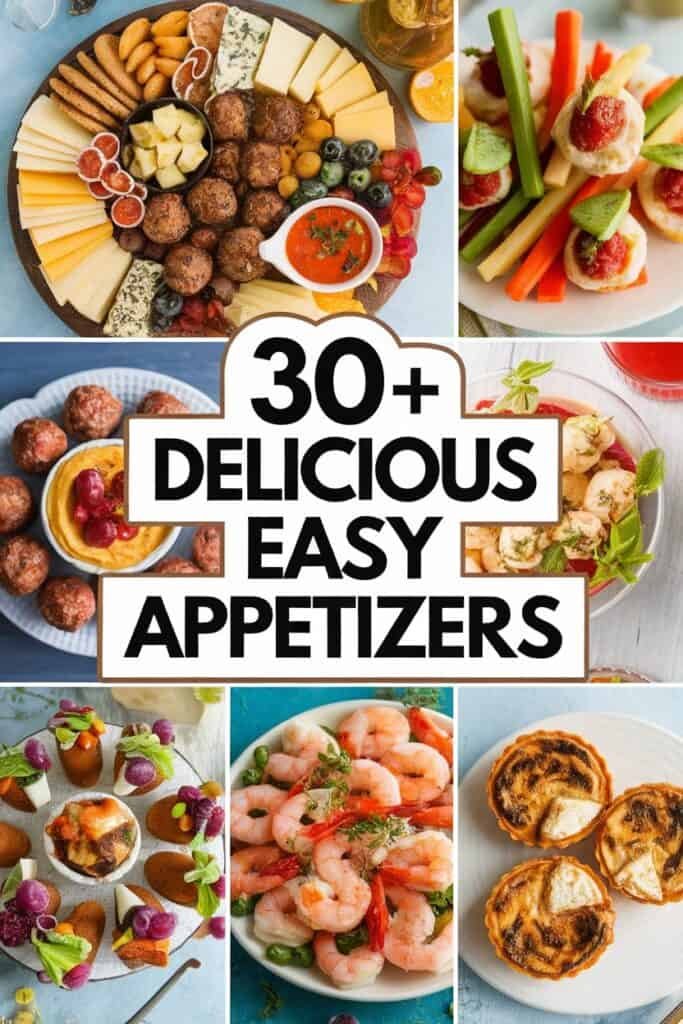 A visually appealing collage of over 30 delicious and easy appetizer recipes, featuring a variety of options such as cheese platters, meatballs, shrimp dishes, and colorful vegetable skewers, perfect for gatherings and parties.