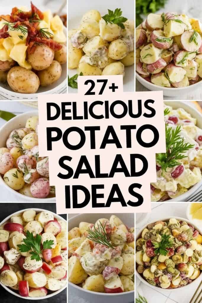 Collage of various potato salad dishes showcasing over 27 delicious potato salad ideas, featuring ingredients like herbs, bacon, and creamy dressings, ideal for summer gatherings and potlucks.