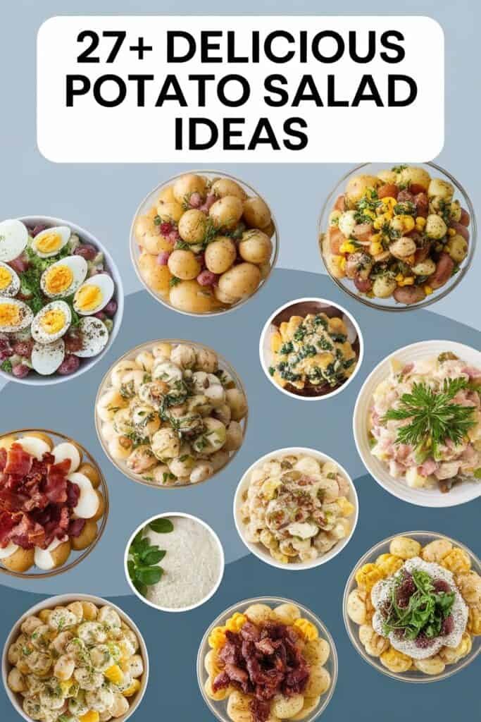 A variety of potato salad recipes displayed in clear bowls, featuring ingredients like boiled eggs, bacon, herbs, and colorful vegetables, with a text overlay stating "27+ Delicious Potato Salad Ideas."