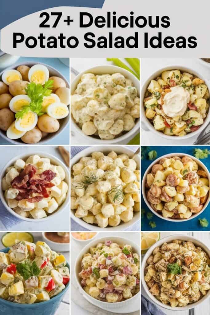 A collage of nine different potato salad dishes, showcasing various recipes and ingredients, including boiled eggs, bacon, herbs, and colorful vegetables, under the title "27+ Delicious Potato Salad Ideas."
