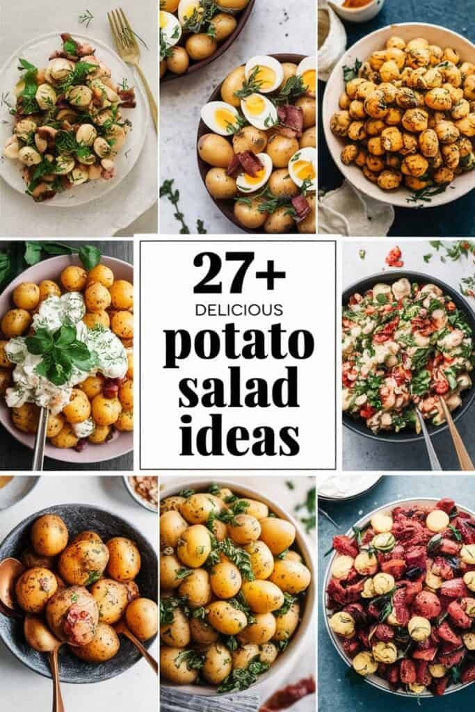 A collage of various potato salad dishes, showcasing over 27 delicious potato salad ideas, featuring ingredients like boiled eggs, herbs, bacon, and colorful vegetables in appealing presentations.