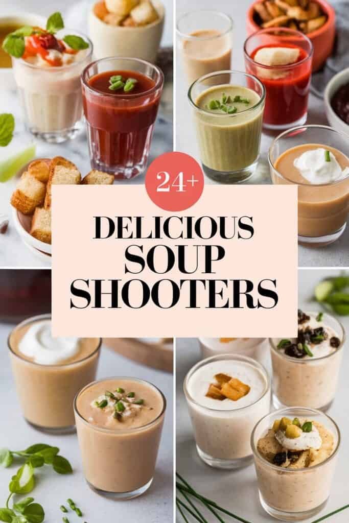 A variety of colorful soup shooters displayed in small glasses, featuring flavors like tomato, green pea, and creamy variations, accompanied by garnishes and croutons, highlighting over 24 delicious soup recipes.