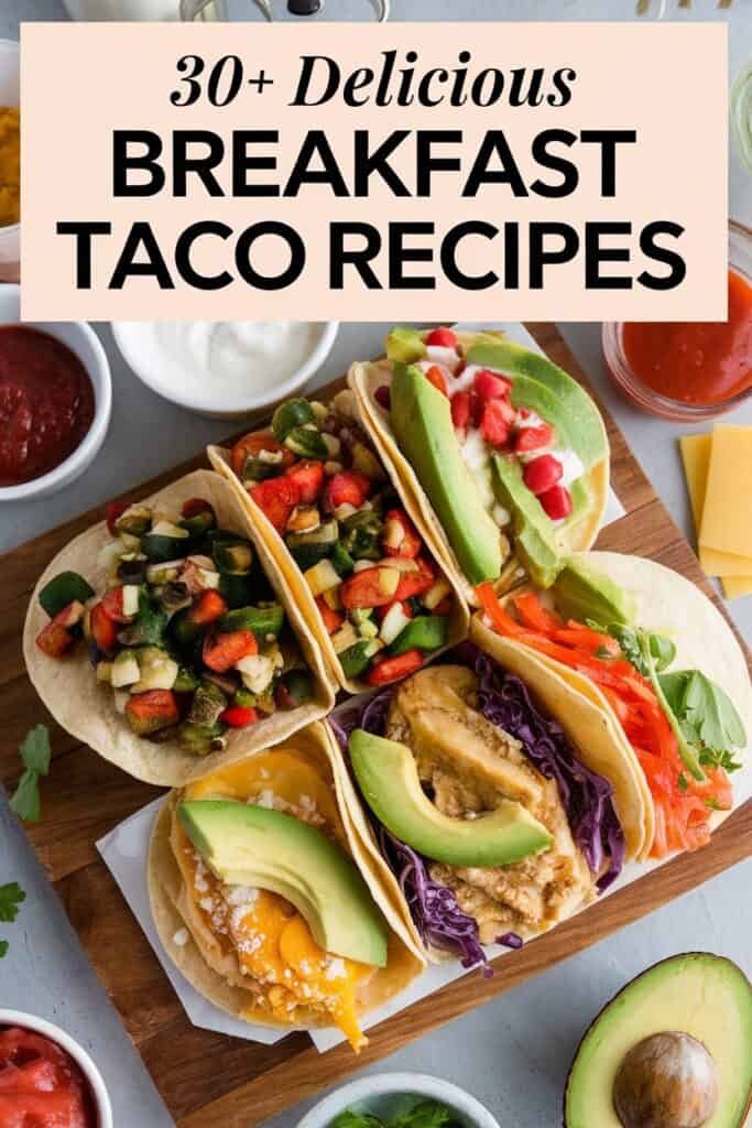 A colorful assortment of breakfast tacos featuring various fillings such as vegetables, avocado, and cheese, displayed on a wooden platter. Accompanying bowls of salsa, yogurt, and fresh ingredients are arranged around the tacos, highlighting the vibrant and delicious nature of breakfast taco recipes.