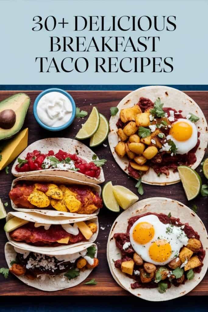 A vibrant display of three different breakfast tacos on a wooden board, featuring ingredients like eggs, potatoes, salsa, and avocado, accompanied by lime wedges and a bowl of sour cream. The image promotes a collection of over 30 delicious breakfast taco recipes.