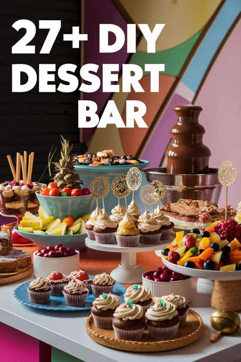 Colorful dessert bar featuring a variety of sweets including cupcakes, fruit, and a chocolate fountain, perfect for parties and celebrations.