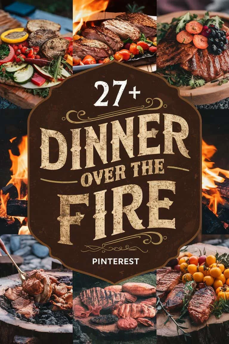 Illustration featuring the text "27+ Dinner Over the Fire" with a rustic design, surrounded by images of grilled food and a campfire, highlighting outdoor cooking ideas and recipes for fire-cooked meals.