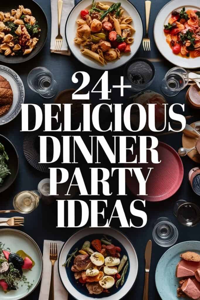 A beautifully arranged dinner party spread featuring a variety of delicious dishes, including pasta, roasted vegetables, and gourmet salads, with elegant tableware and glassware, showcasing 24+ creative dinner party ideas.