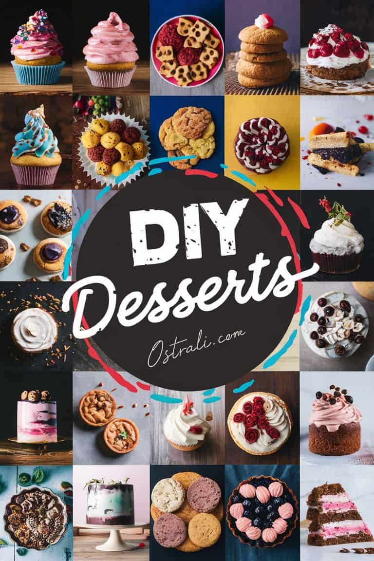 Collage of various DIY dessert recipes featuring cupcakes, cakes, and ice cream, with the text "DIY Desserts" prominently displayed in the center. Ideal for dessert enthusiasts looking for creative baking ideas.