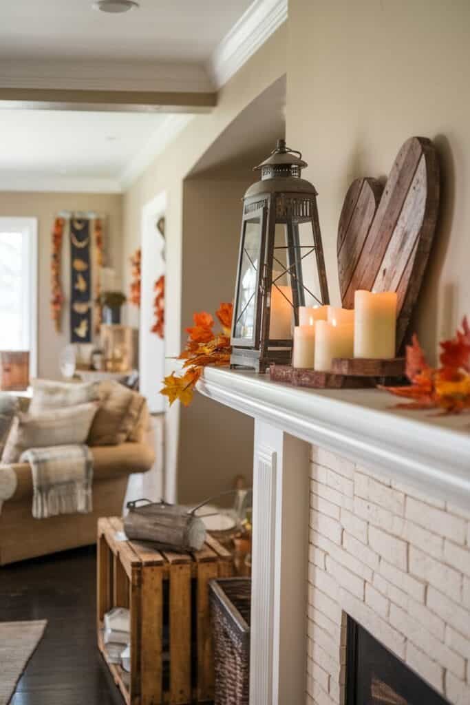 Cozy autumn living room featuring a decorative fireplace mantel adorned with a vintage lantern, flickering candles, and vibrant fall leaves. The space includes a plush sofa and rustic wooden crates, creating a warm and inviting atmosphere perfect for the season.