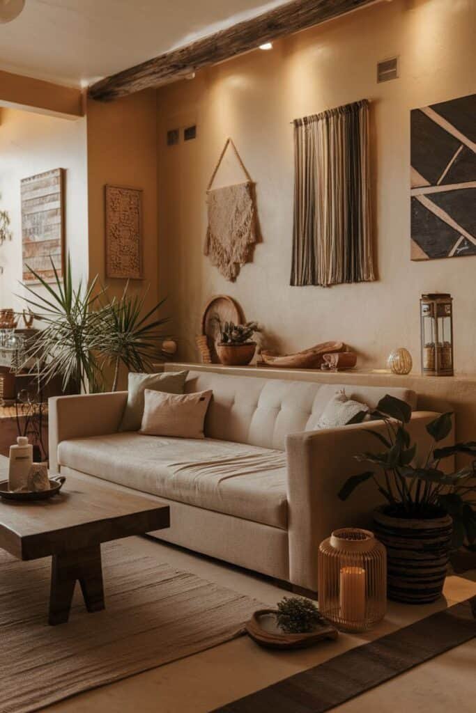 Cozy living room interior featuring a light beige sofa with decorative pillows, a wooden coffee table, and various plants. The walls are adorned with textured art pieces and macramé hangings, creating a warm and inviting atmosphere. Soft lighting enhances the natural tones and textures of the decor.