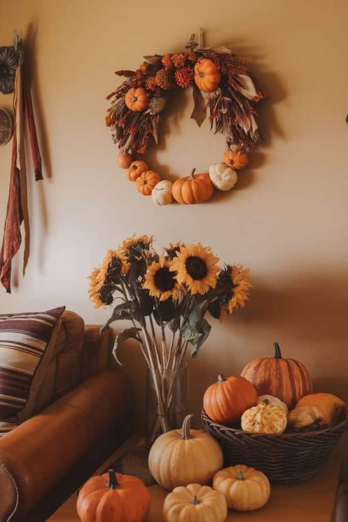 Autumn-themed living room decor featuring a colorful pumpkin wreath on a beige wall, a vase of sunflowers, and a variety of pumpkins arranged on a table and in a basket, creating a cozy seasonal atmosphere.