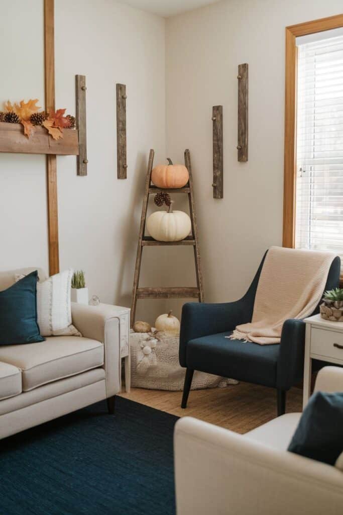 Cozy living room corner featuring a blue armchair, beige sofa, and a rustic ladder shelf adorned with white and orange pumpkins, pinecones, and autumn leaves, creating a warm fall atmosphere.