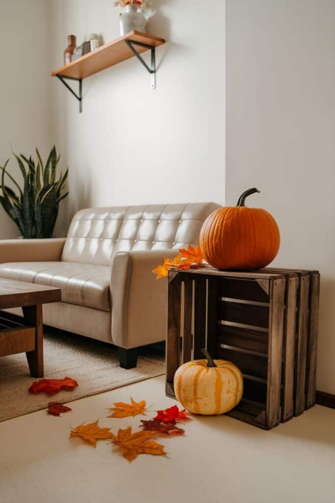 Cozy autumn living room featuring a beige sofa, a wooden coffee table, and decorative pumpkins on a rustic crate. Colorful fall leaves scattered on the floor enhance the seasonal ambiance.