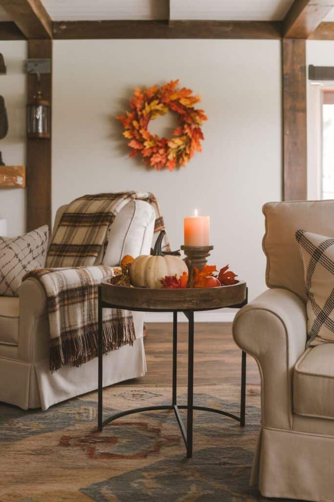 Cozy living room featuring two comfortable chairs adorned with plaid and patterned throw pillows. A rustic coffee table holds a decorative arrangement of a white pumpkin, autumn leaves, and a lit candle, while a vibrant fall wreath hangs on the wall, creating a warm and inviting atmosphere.