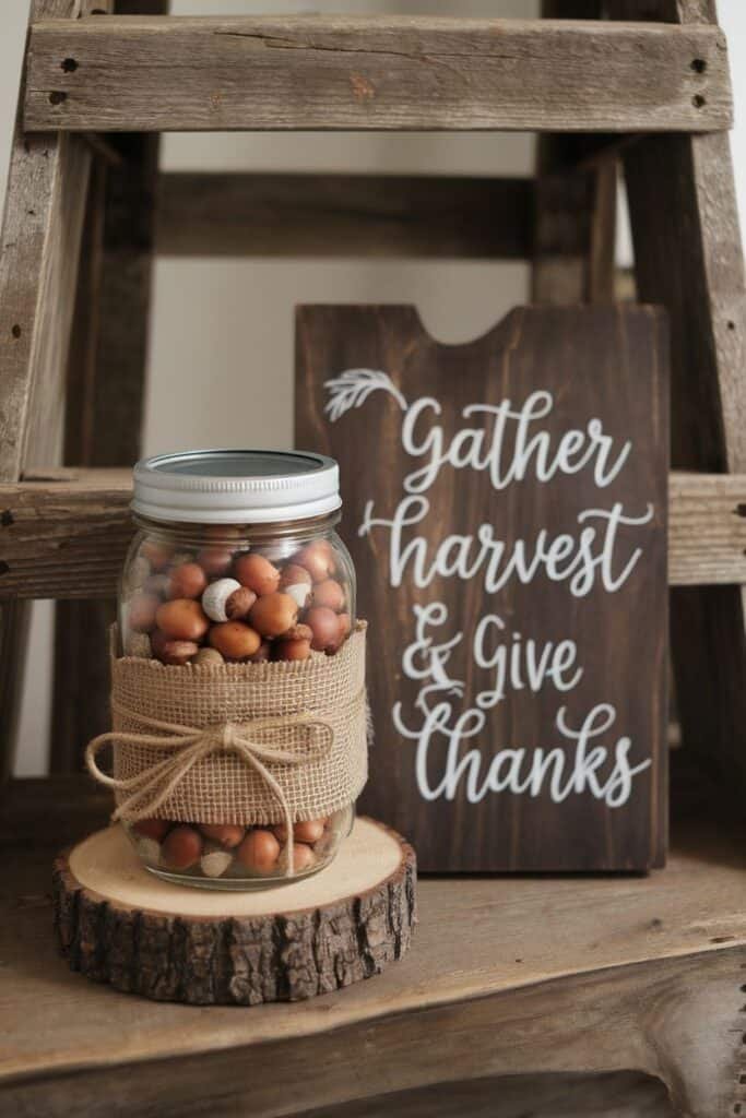 Mason jar filled with colorful acorns, wrapped in burlap, placed on a wooden slice, next to a rustic sign that reads "Gather harvest & Give Thanks," set against a wooden ladder backdrop.