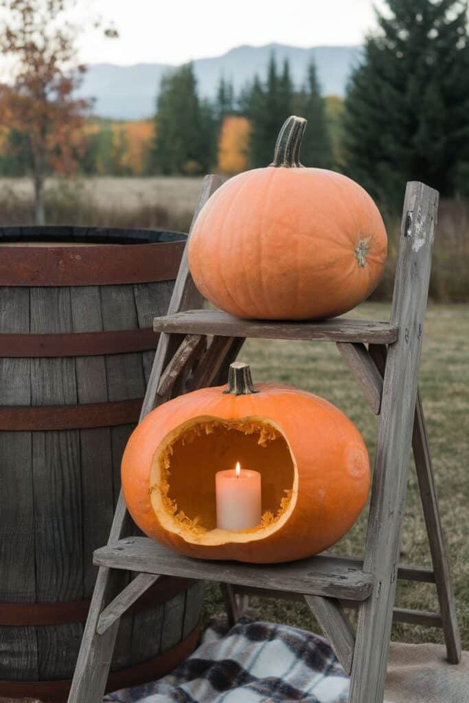 Autumn-themed display featuring two orange pumpkins on a wooden ladder, with one pumpkin carved to hold a lit candle, set against a backdrop of trees and mountains. A rustic wooden barrel and a plaid blanket are visible in the scene, enhancing the seasonal ambiance.