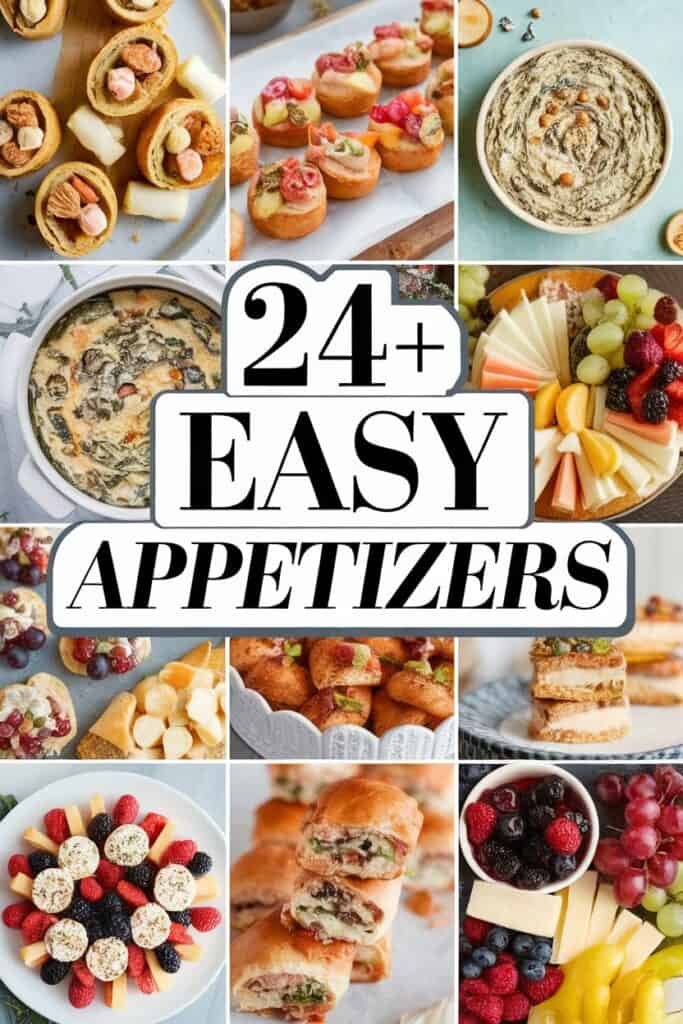 A colorful collage of 24 easy appetizers featuring a variety of dishes, including savory pastries, fruit platters, and creamy dips, perfect for gatherings or parties.