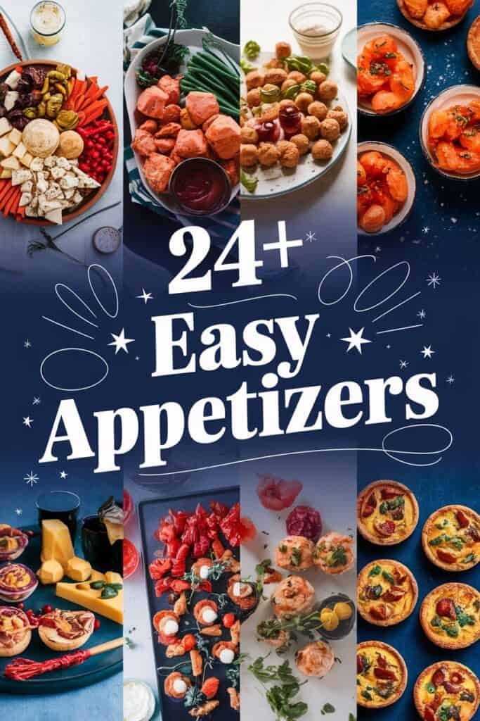 A vibrant collage of over 24 easy appetizers including a variety of snacks such as cheese platters, vegetable dips, shrimp cocktails, and baked treats, perfect for parties and gatherings.