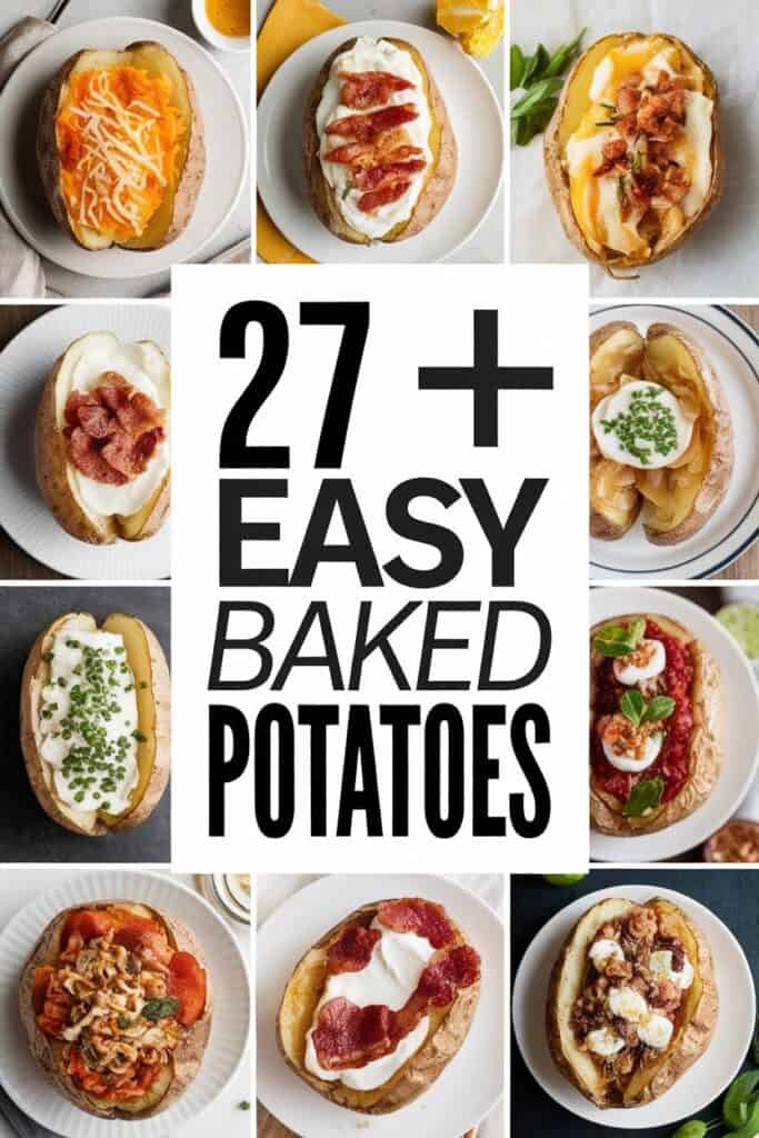 A collage of baked potatoes topped with various ingredients, showcasing 27+ easy baked potato recipes. Each potato features unique toppings like cheese, bacon, sour cream, herbs, and sauces, highlighting diverse meal options.