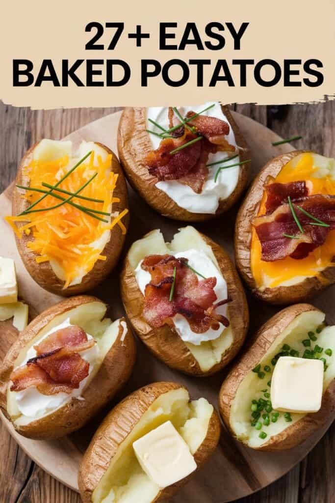 A wooden platter featuring a variety of baked potatoes topped with ingredients like sour cream, bacon, cheddar cheese, and chives, highlighting 27+ easy baked potato recipes.