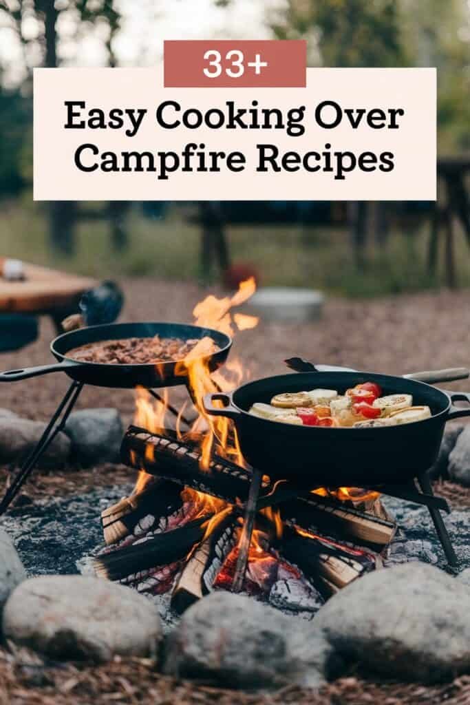 Campfire cooking setup featuring two cast iron pots over an open fire, with vegetables and meat being prepared. The scene is surrounded by rocks, highlighting a cozy outdoor cooking experience. Ideal for exploring easy campfire recipes.