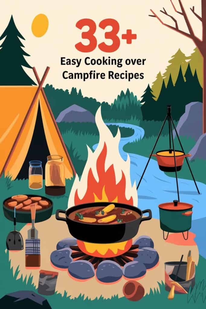 Illustration featuring a campfire scene with a tent, cooking pots, and various ingredients, promoting "33+ Easy Cooking over Campfire Recipes" for outdoor cooking enthusiasts.