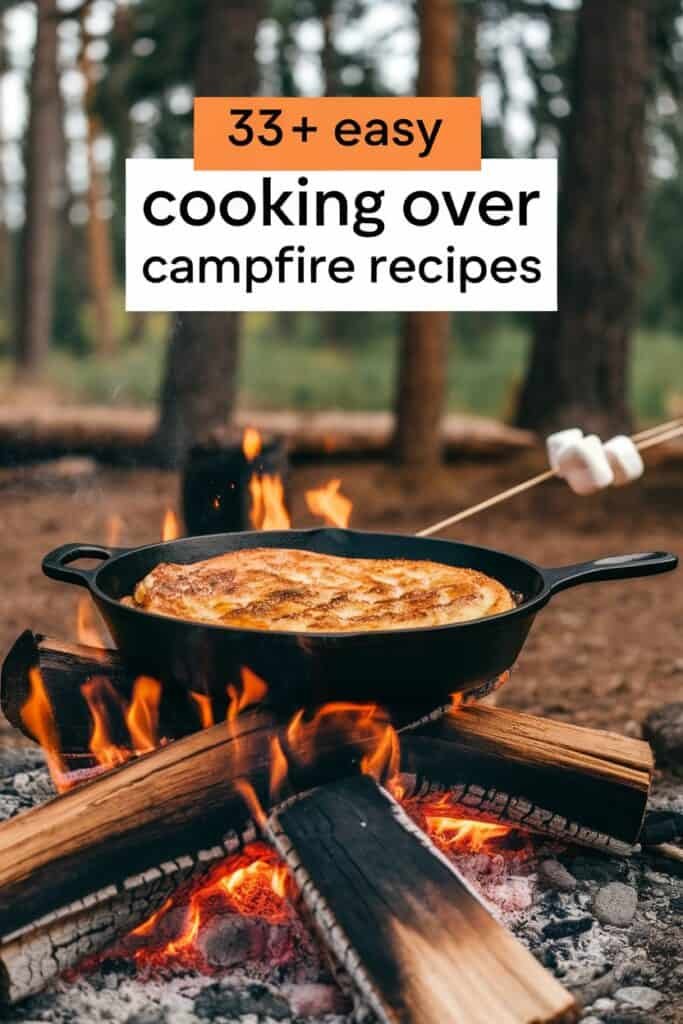 Cast iron skillet cooking over a campfire with flames, showcasing easy campfire recipes. Perfect for outdoor cooking enthusiasts.