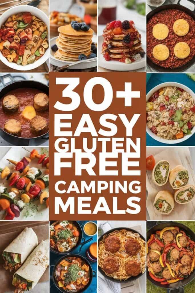 A collage of vibrant gluten-free camping meals including pancakes topped with berries, savory meat dishes, colorful vegetable skewers, and hearty pasta. The text highlights "30+ Easy Gluten Free Camping Meals" for convenient outdoor dining options.