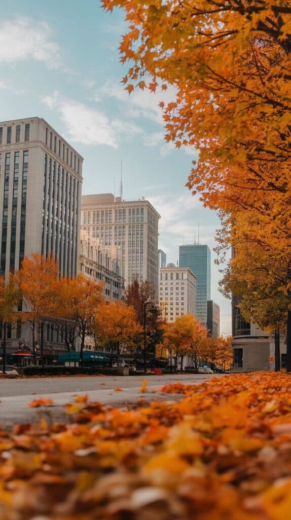 Autumn cityscape featuring vibrant orange and yellow foliage lining a city street, with modern skyscrapers in the background under a clear blue sky.