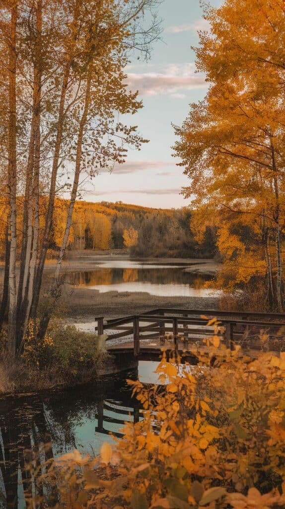 Scenic autumn landscape featuring a tranquil pond surrounded by trees with vibrant orange leaves. A wooden bridge crosses the water, reflecting the colorful foliage and clear sky, creating a picturesque nature scene.