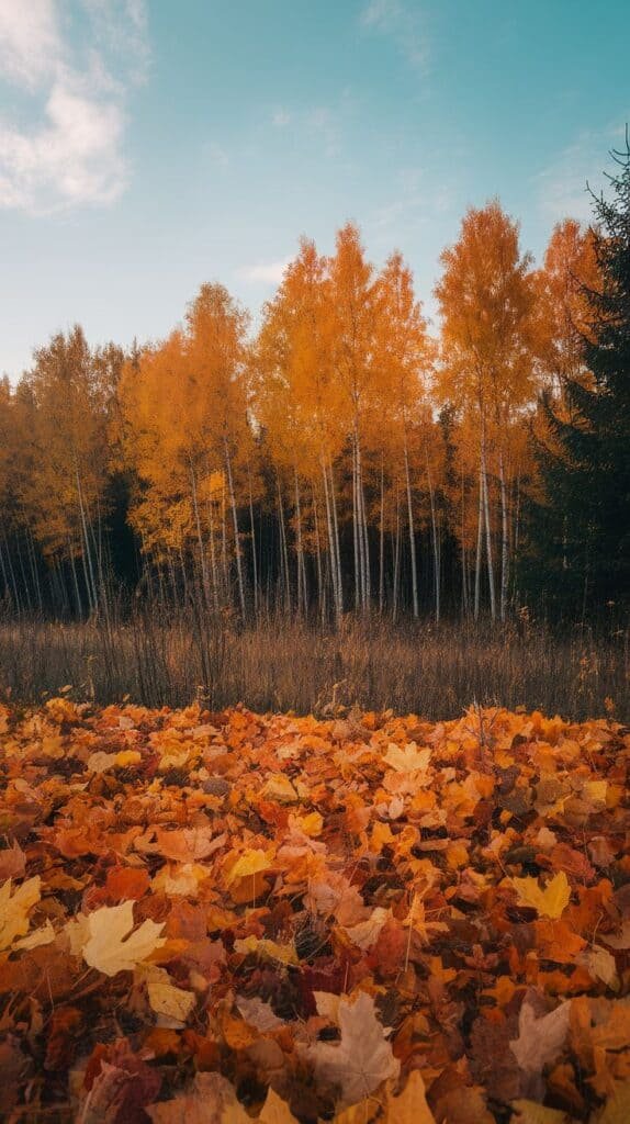 Vibrant autumn landscape featuring a forest of golden birch trees surrounded by a carpet of colorful fallen leaves in shades of orange and yellow, under a clear blue sky.