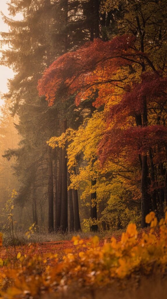 Autumn forest scene featuring vibrant red and yellow foliage, tall trees, and a misty atmosphere, capturing the essence of fall in nature.