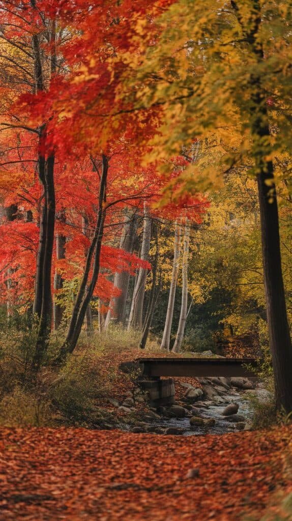 Autumn landscape featuring vibrant red and yellow foliage, with a wooden bridge crossing a gentle stream surrounded by fallen leaves and tall trees.