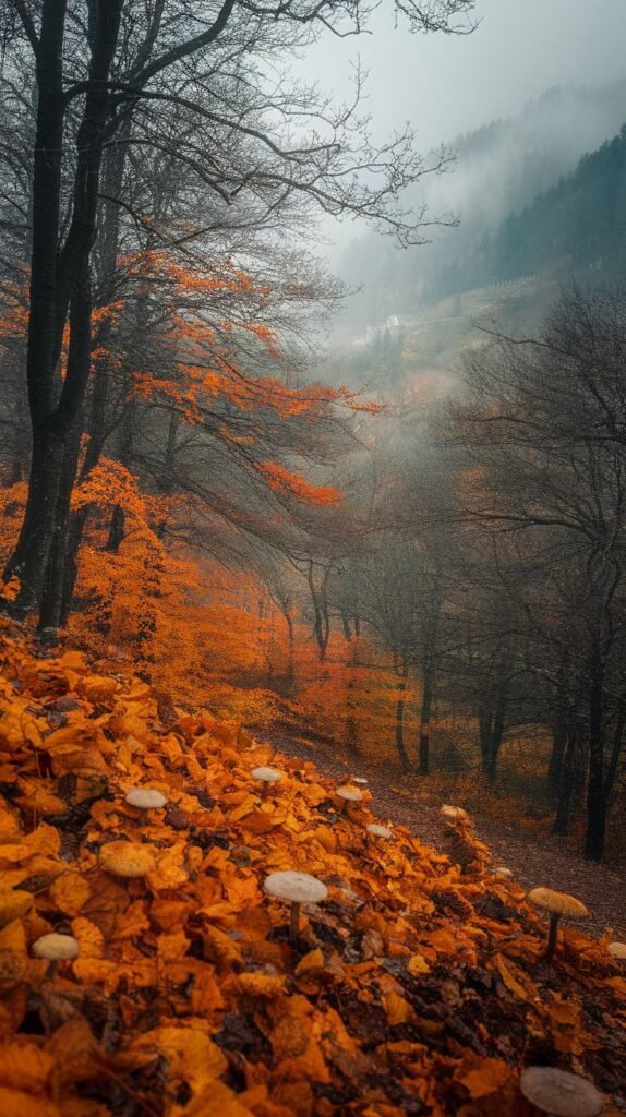 Autumn forest scene featuring vibrant orange leaves covering the ground, with misty mountains in the background. Fungi can be seen growing among the fallen leaves, creating a serene, atmospheric landscape.