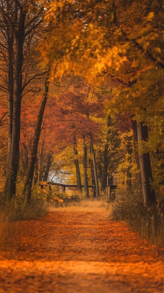 Scenic autumn pathway lined with vibrant orange and yellow foliage, leading through a tranquil forest with fallen leaves covering the ground.