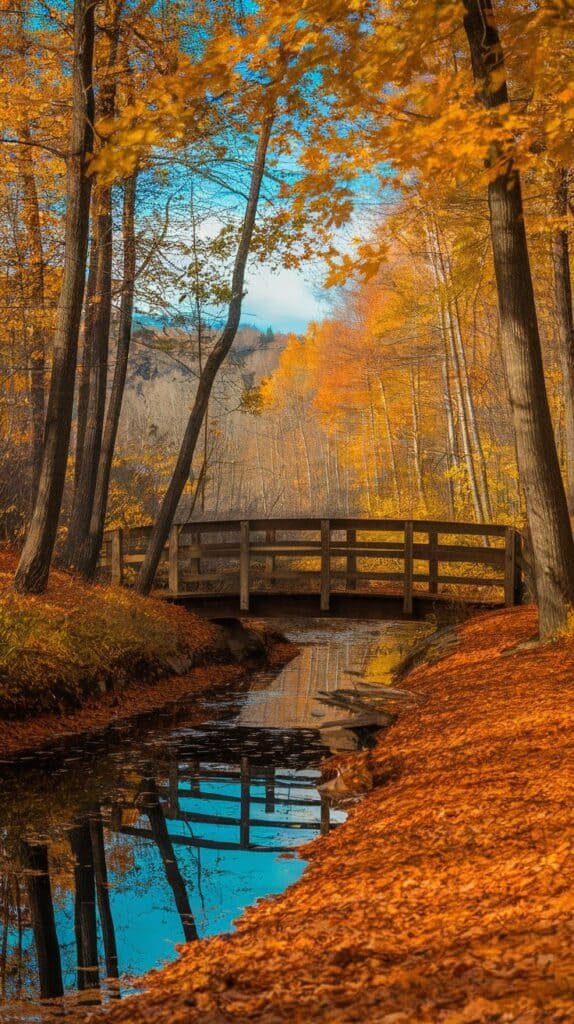 Scenic autumn landscape featuring a wooden bridge over a tranquil stream surrounded by vibrant orange and yellow foliage, with clear blue skies and reflections in the water.