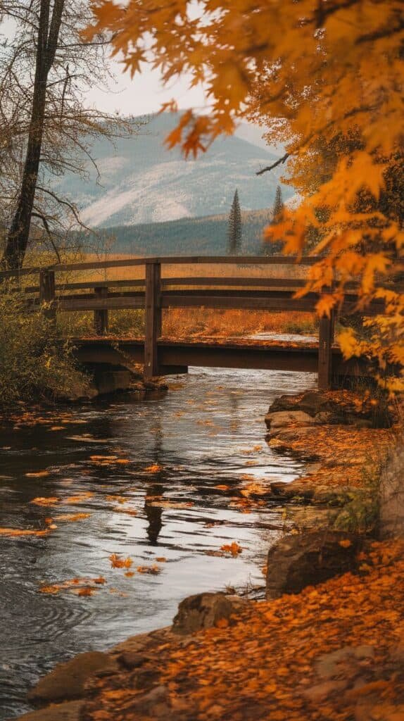 Autumn landscape featuring a wooden bridge over a serene stream, surrounded by vibrant orange and yellow foliage. The scene captures the reflection of trees in the calm water, with distant mountains visible in the background, creating a tranquil nature setting.